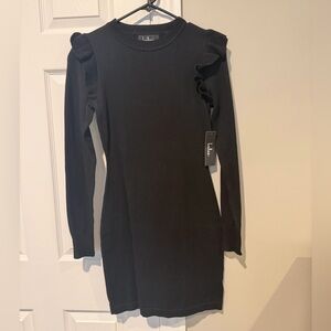Lulu's Black Long Sleeve Ruffle Shoulder Sweater Dress